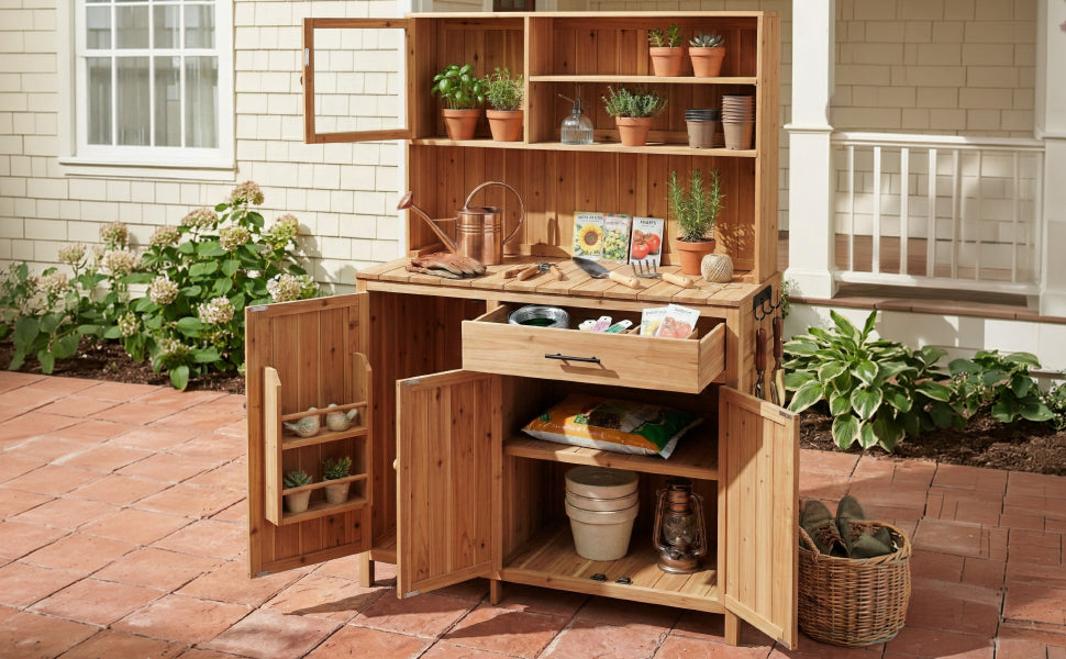 TOPAMX Potting Bench with Hutch, Solid Fir Wood Garden Workstation