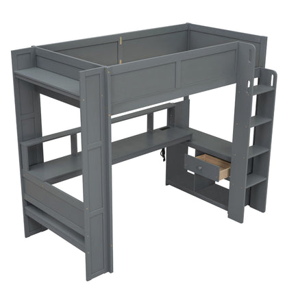 Gaming Loft Bed With Desk, Multi Storage Shelves, LED And Charging Station