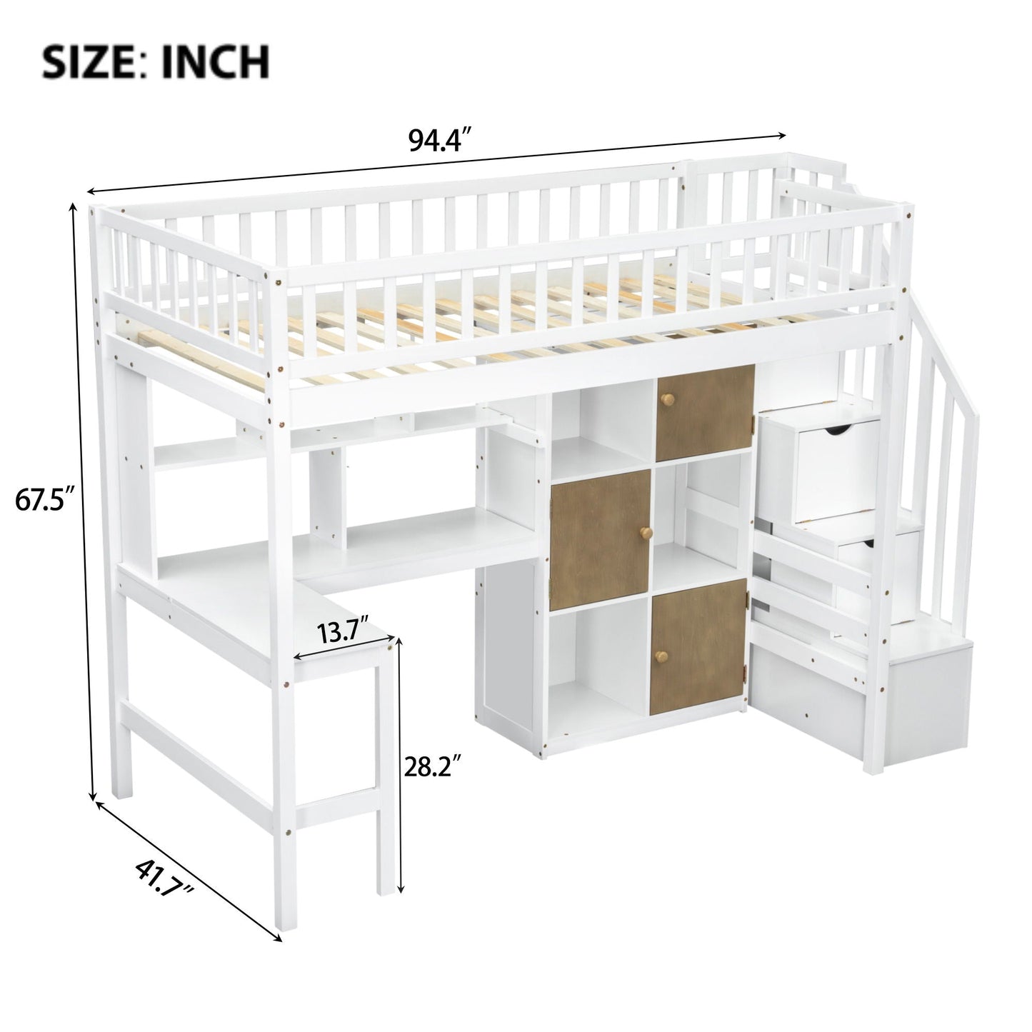 Loft Bed With Built In L Shaped Desk, LED Lights, Storage Shelves, Cabinets, And Staircase