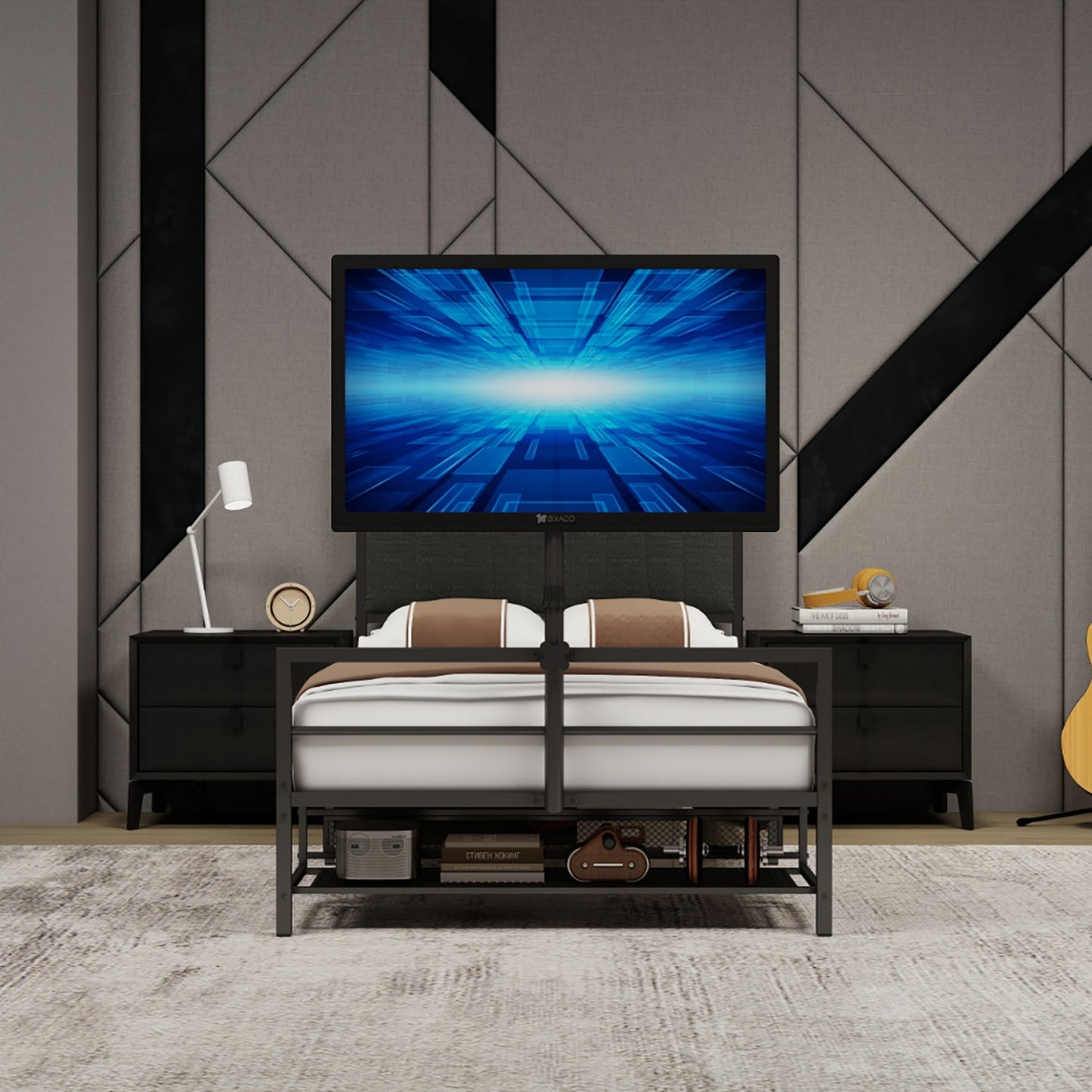 Twin Size Gaming Bed with Rotating TV Mount and LED Lighting