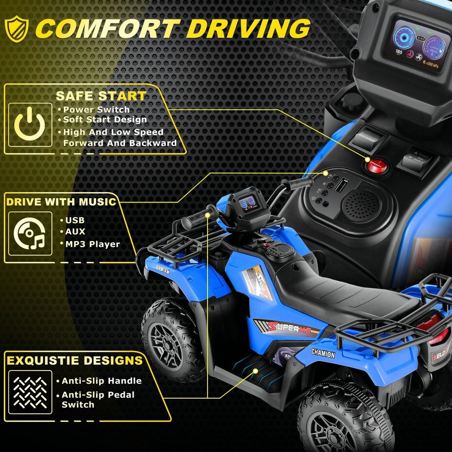 Electric 4-Wheeler Quad for Kids - 12V Battery Powered Ride-On Car in 6 Color Options