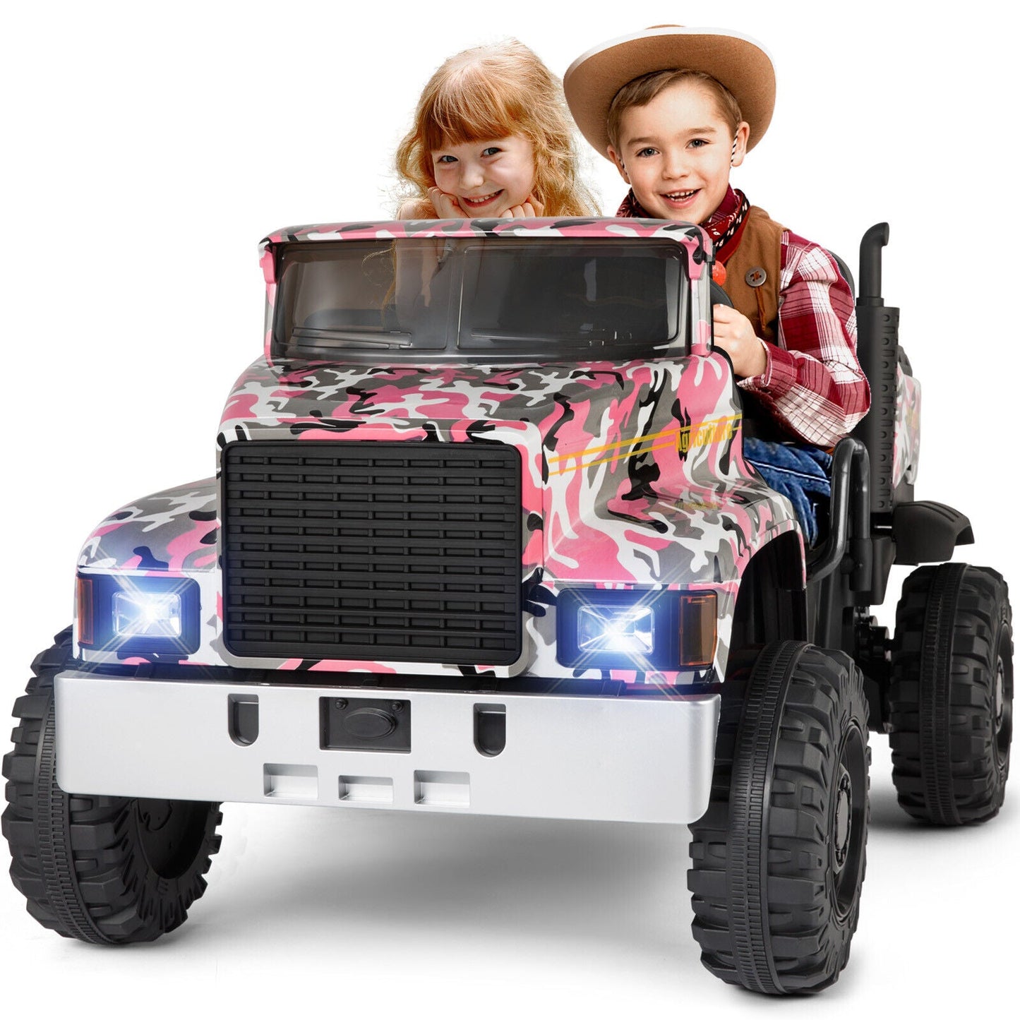 New Pink Camo 24V Battery Kids Ride On Truck with Trailer and Remote Control