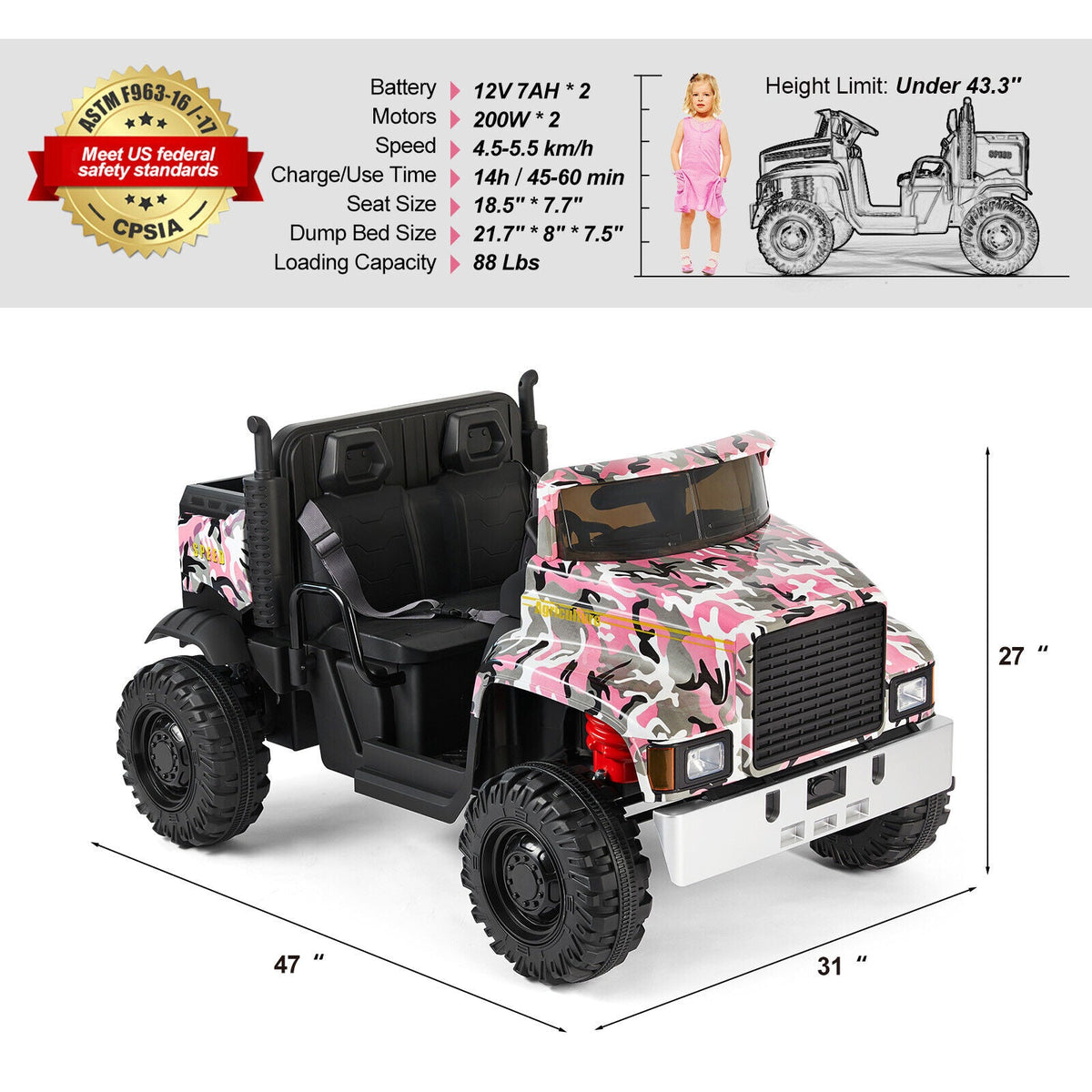 24V Battery-Powered Kids Ride On Truck with 3 Speeds and Remote Control - Camo Pink