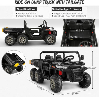 Electric 24V 4WD UTV Dump Truck Car for Kids with Dump Bed - 2 Seater Ride-On Toy