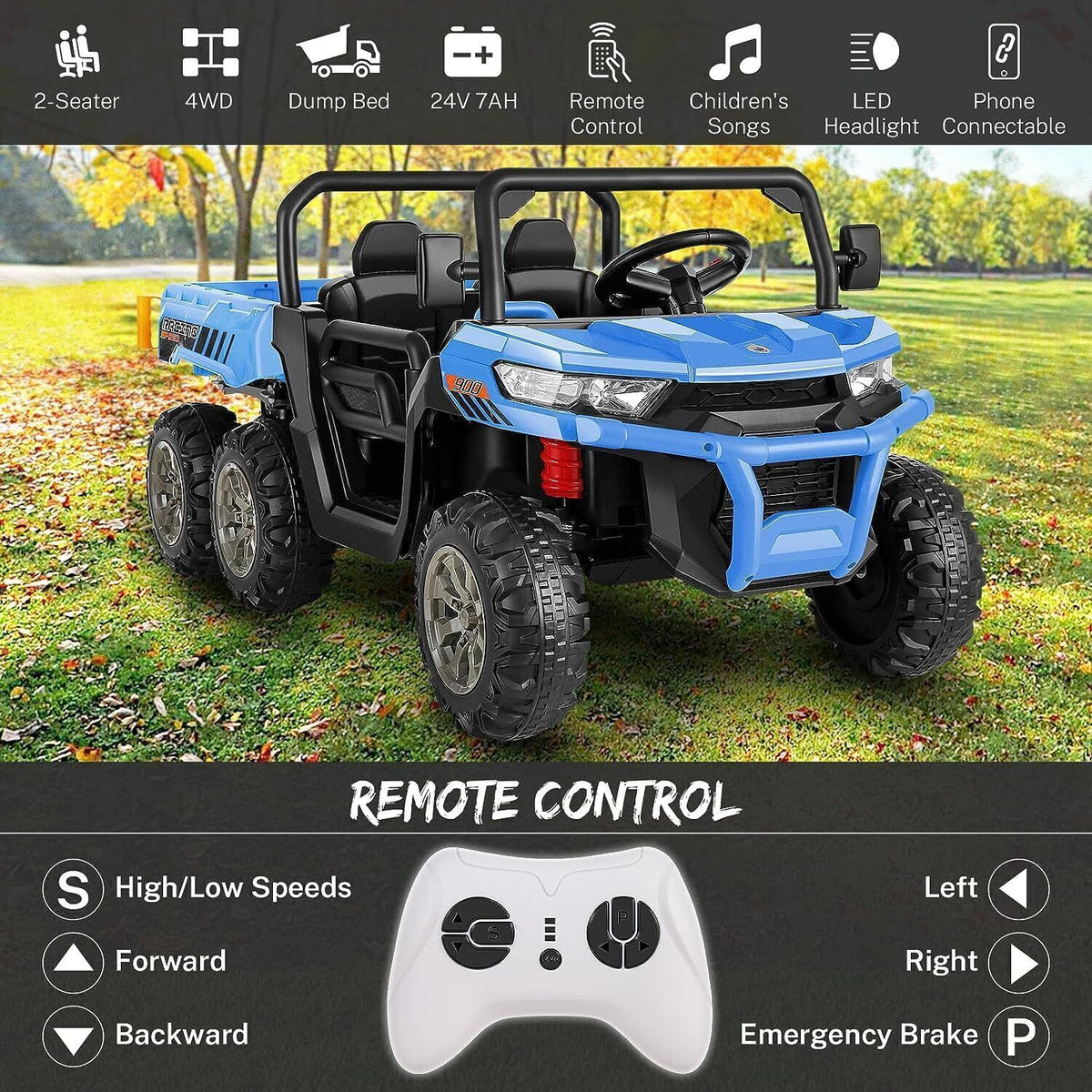 Electric 24V 4WD UTV Dump Truck Car for Kids with Dump Bed - 2 Seater Ride-On Toy