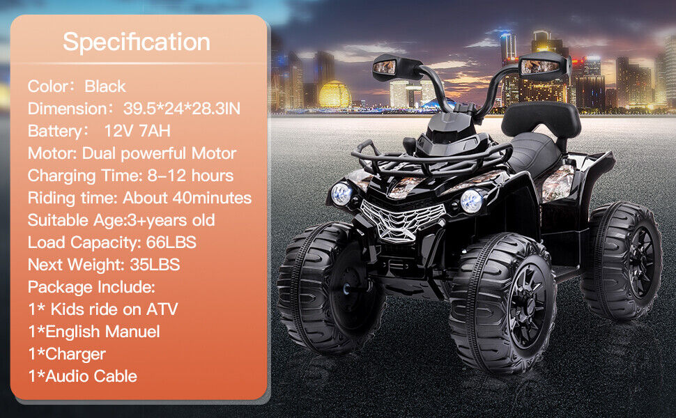 Electric 4-Wheeler Quad for Kids with 2 Speeds, MP3 Player, and Headlights - 12V Outdoor Ride On ATV