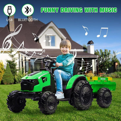 Electric 24V Tractor with Trailer and LED Music - 3-in-1 Kid Ride On Excavator Bulldozer