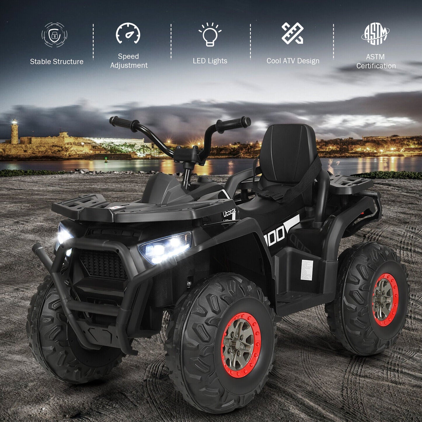 Electric 4-Wheeler ATV Quad for Kids with 2 Speeds, MP3 Player, and LED Lights - Black