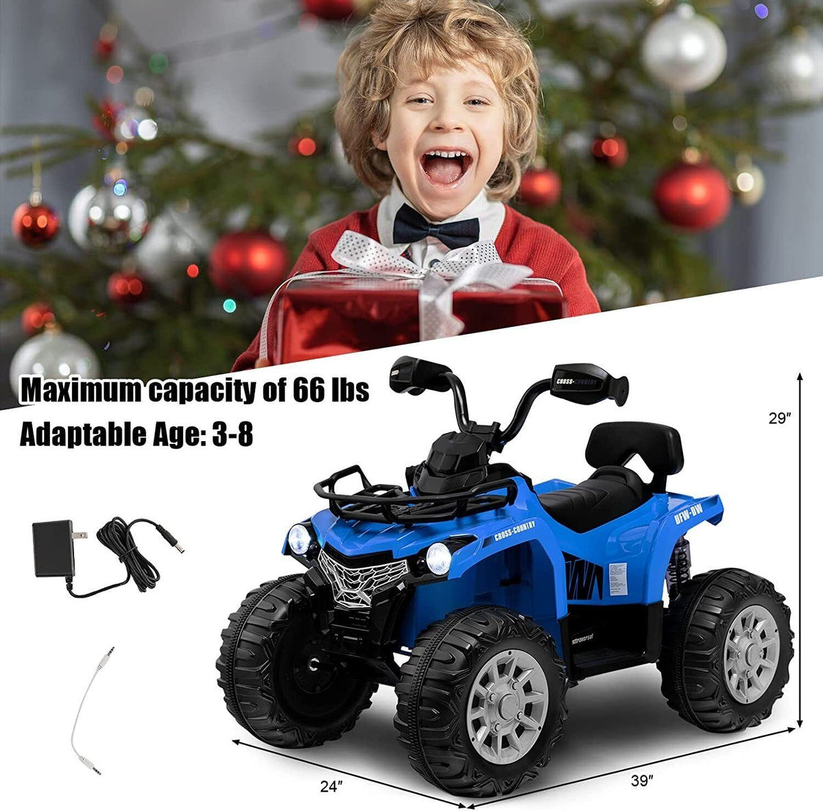 Electric 4-Wheeler ATV Quad Ride On Car for Kids with LED Lights and MP3 Player - 2 Speeds
