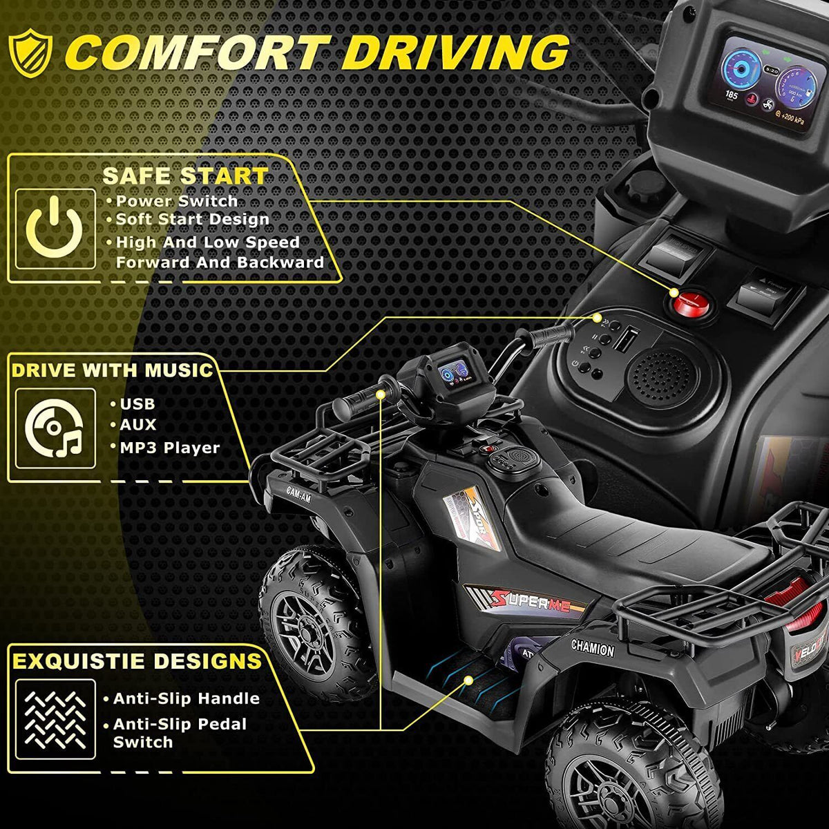 Electric 4-Wheeler ATV Quad for Kids with LED Lights, USB and AUX Port