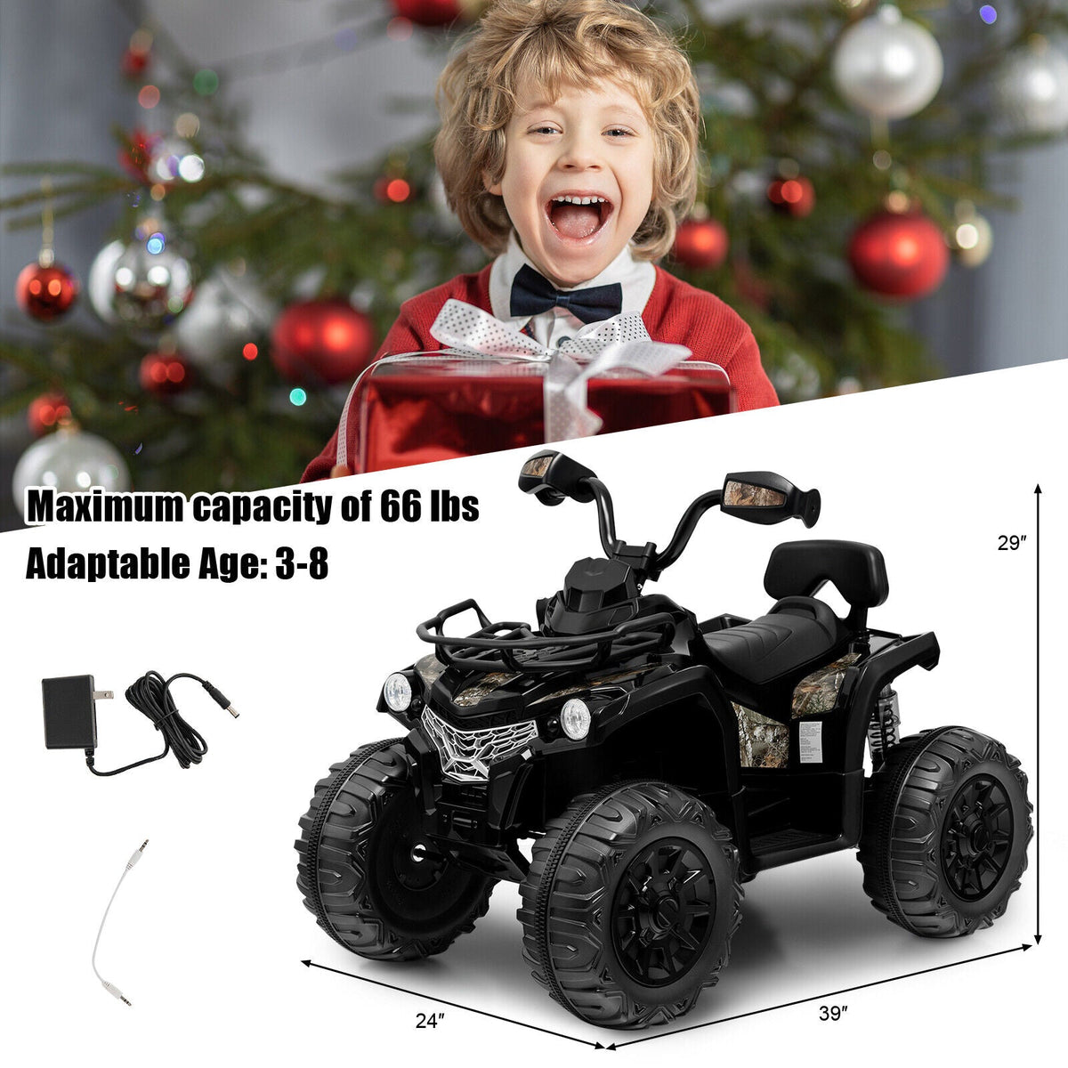 Electric 4-Wheeler Quad for Kids with 2 Speeds, Mp3 Player, and Headlights - Black