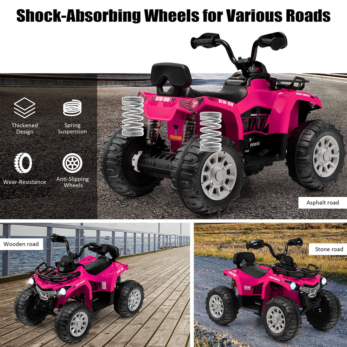 Electric 4-Wheeler Quad for Kids with 2 Speeds, Mp3 Player, and Headlights - Pink