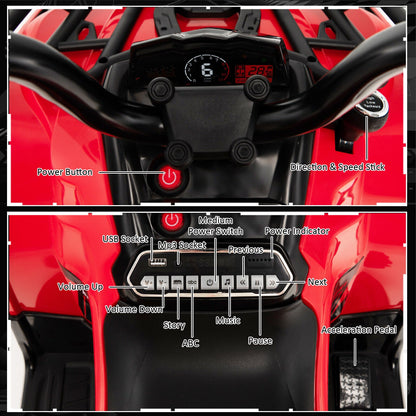 Electric 4-Wheeler Quad for Kids with 2 Speeds, MP3 Player, and Headlights - Red