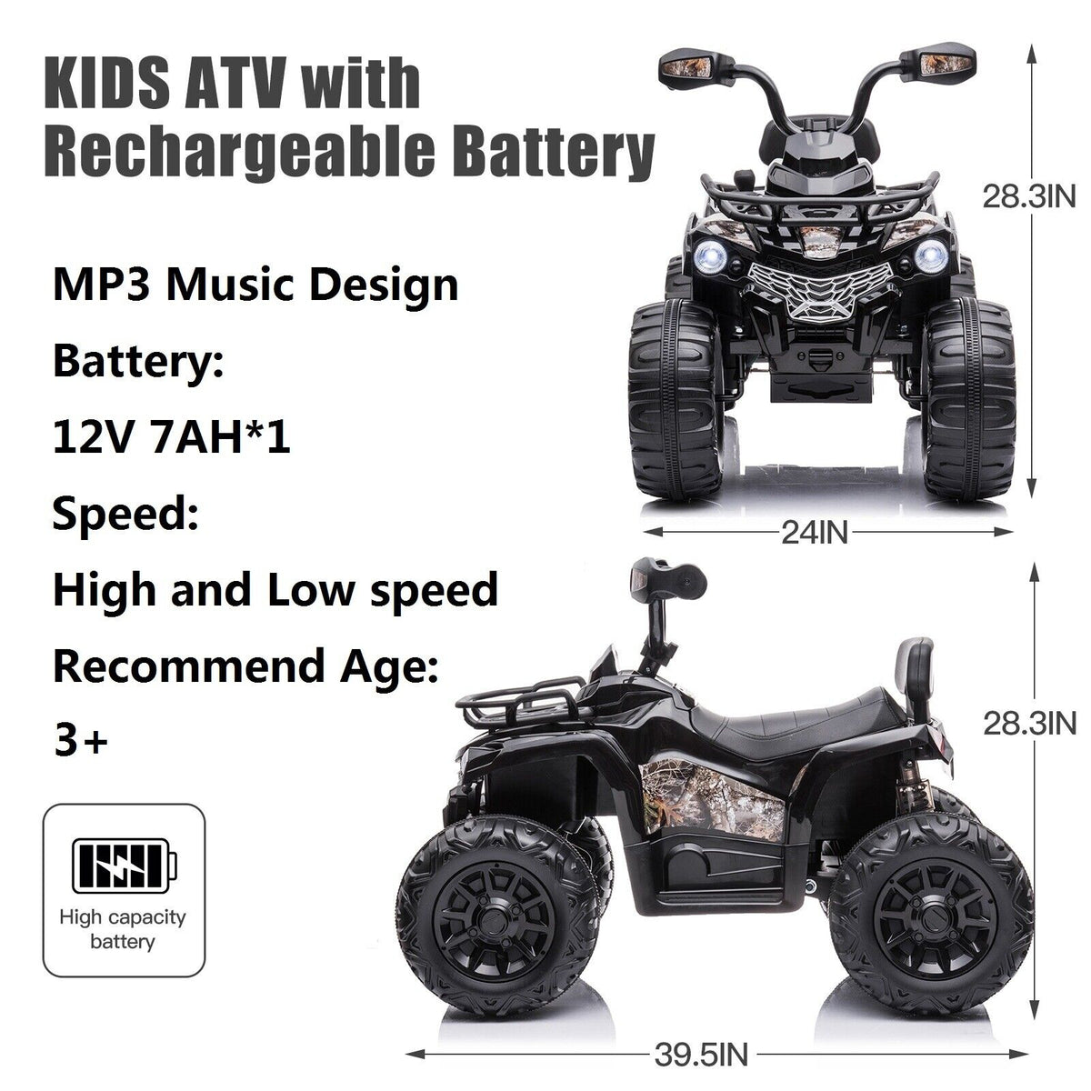 Electric 4-Wheeler Quad for Kids with MP3 and Headlights - 2 Speeds, 12V, Black