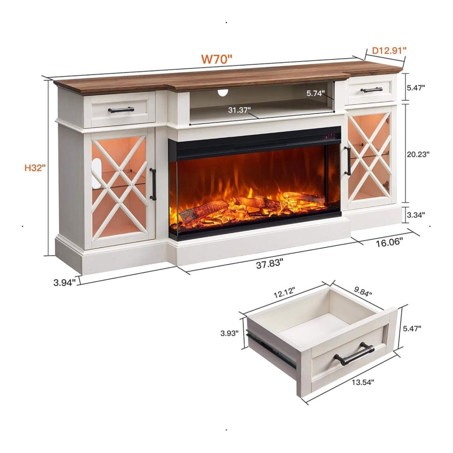 Nuvia Electric 70-Inch Fireplace TV Stand With Glass Door Storage Cabinet (SAK58627)