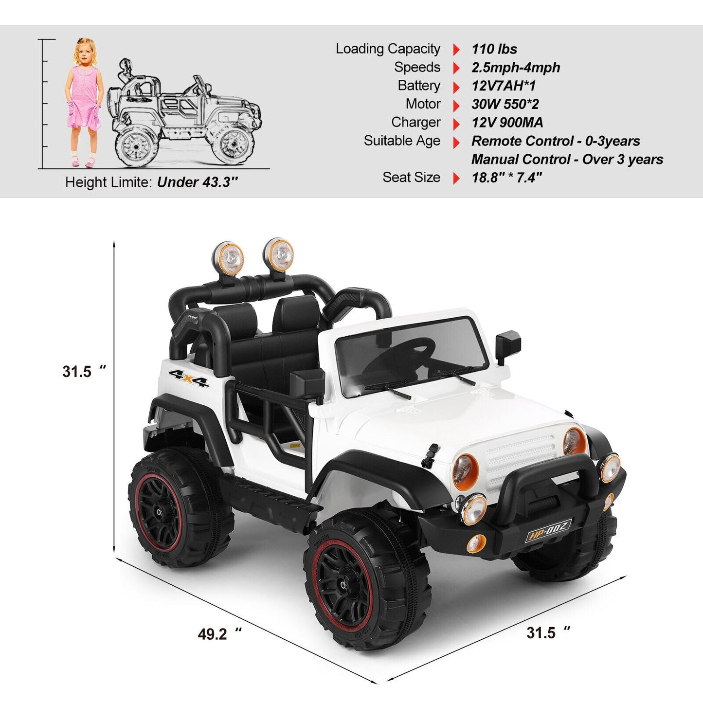 Electric Battery Kids Ride-On Car Truck with LED Lights, MP3 Player, and Remote Control - White