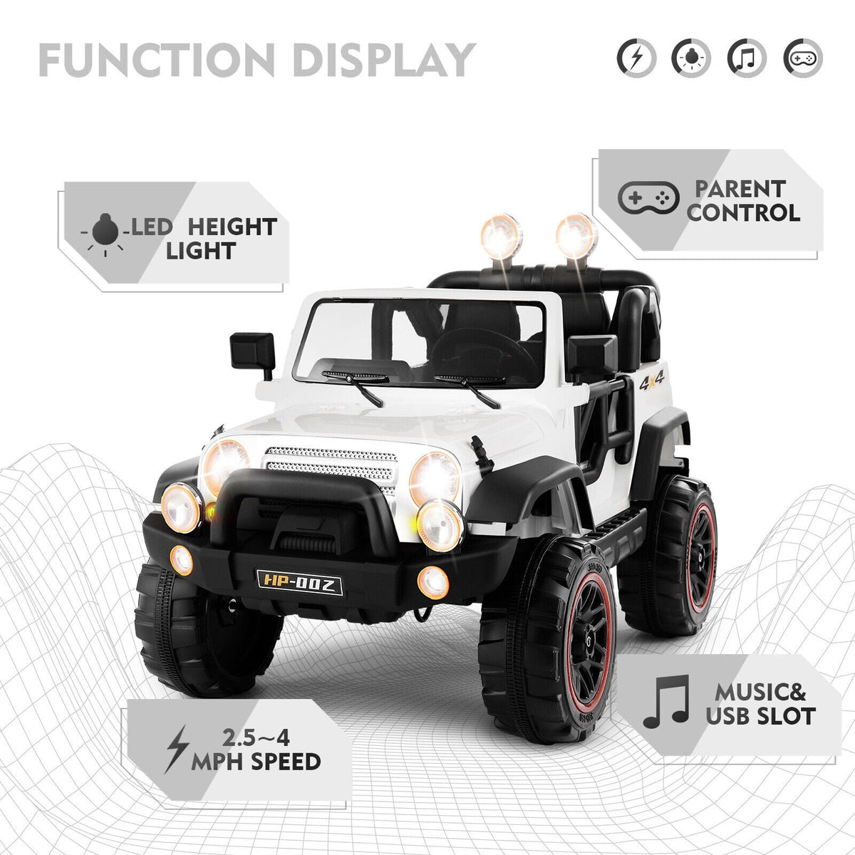 Electric Battery Kids Ride-On Car Truck with LED Lights, MP3 Player, and Remote Control - White