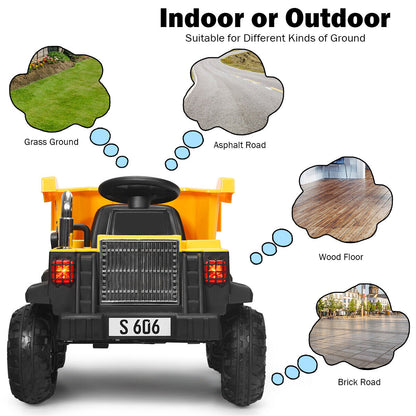 Electric Dump Truck RC Construction Tractor for Kids - 12V Battery Powered with Functional Bucket