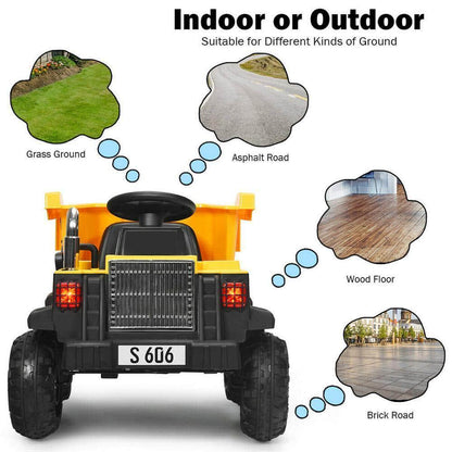 Electric Dump Truck RC Construction Vehicle for Kids - 12V Battery Powered Tractor with Functional Bucket