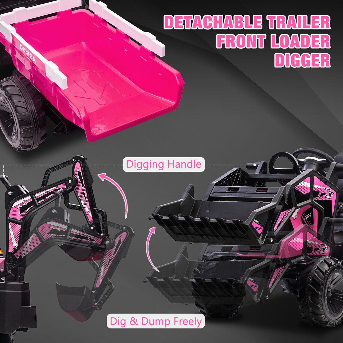 Electric Excavator & Bulldozer Toy Car with Trailer and Music for Kids (24V)