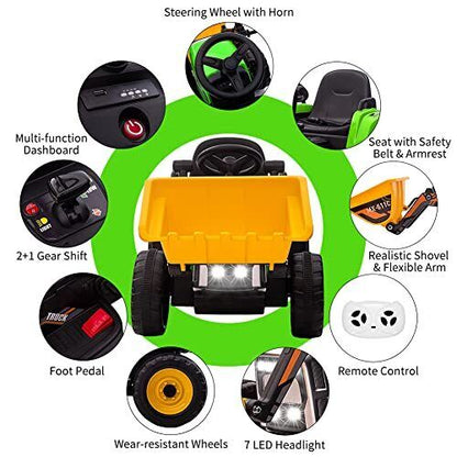 Electric Ride-On Excavator Tractor for Kids with Battery-Powered Digger and LED Lights
