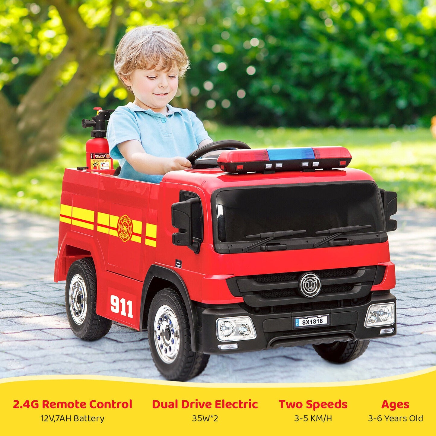 Electric Fire Truck Ride-On Toy for Kids with Remote Control, LED Lights, and MP3 Player - 12V