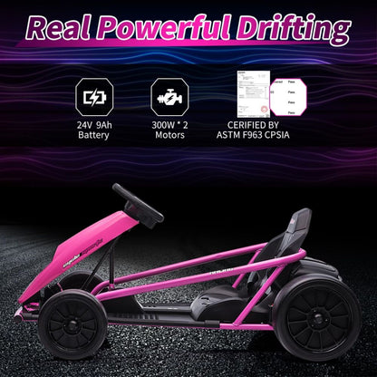 Electric Go Kart for Kids 8-12 Years - 300W*2 Motors, Music, 175LBS Capacity