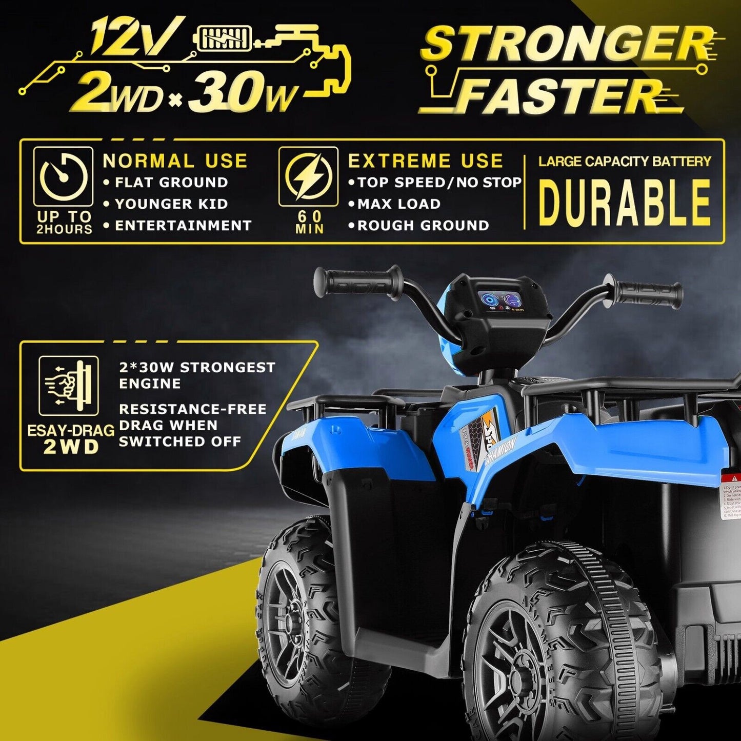 Electric 4-Wheeler Quad for Kids with 12V Battery and 2X30W Motor, USB Compatible