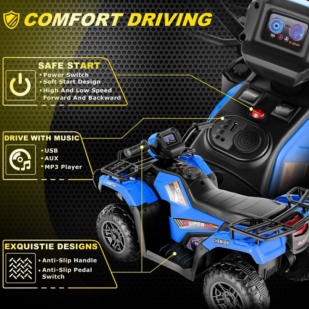 Electric 4-Wheeler Quad for Kids with 12V Battery and 2X30W Motor, USB Compatible