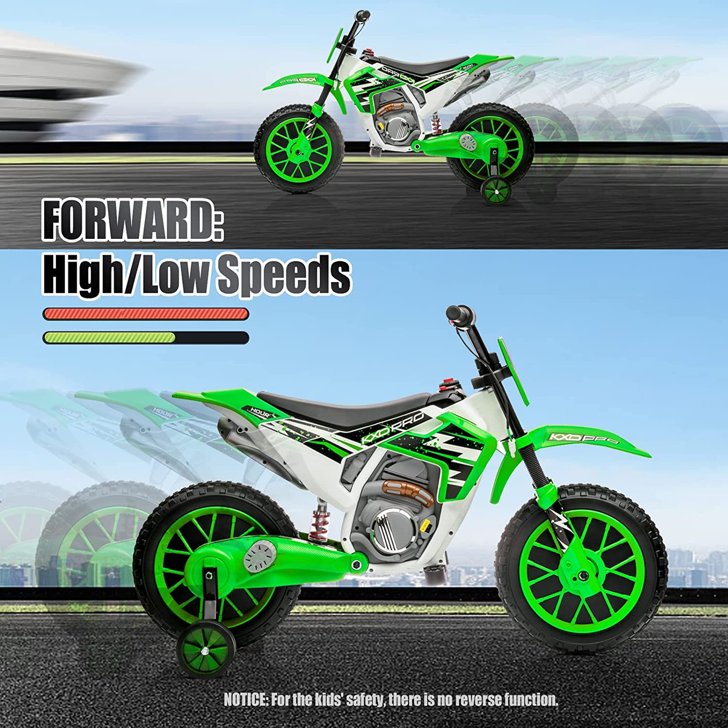 Electric Kids Dirt Bike with Training Wheels - 12V7AH Battery Powered, 2 Speeds