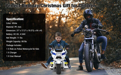 Electric Kids Police Ride On 3 Wheel Motorcycle with MP3 Player - Toddler Car Toy