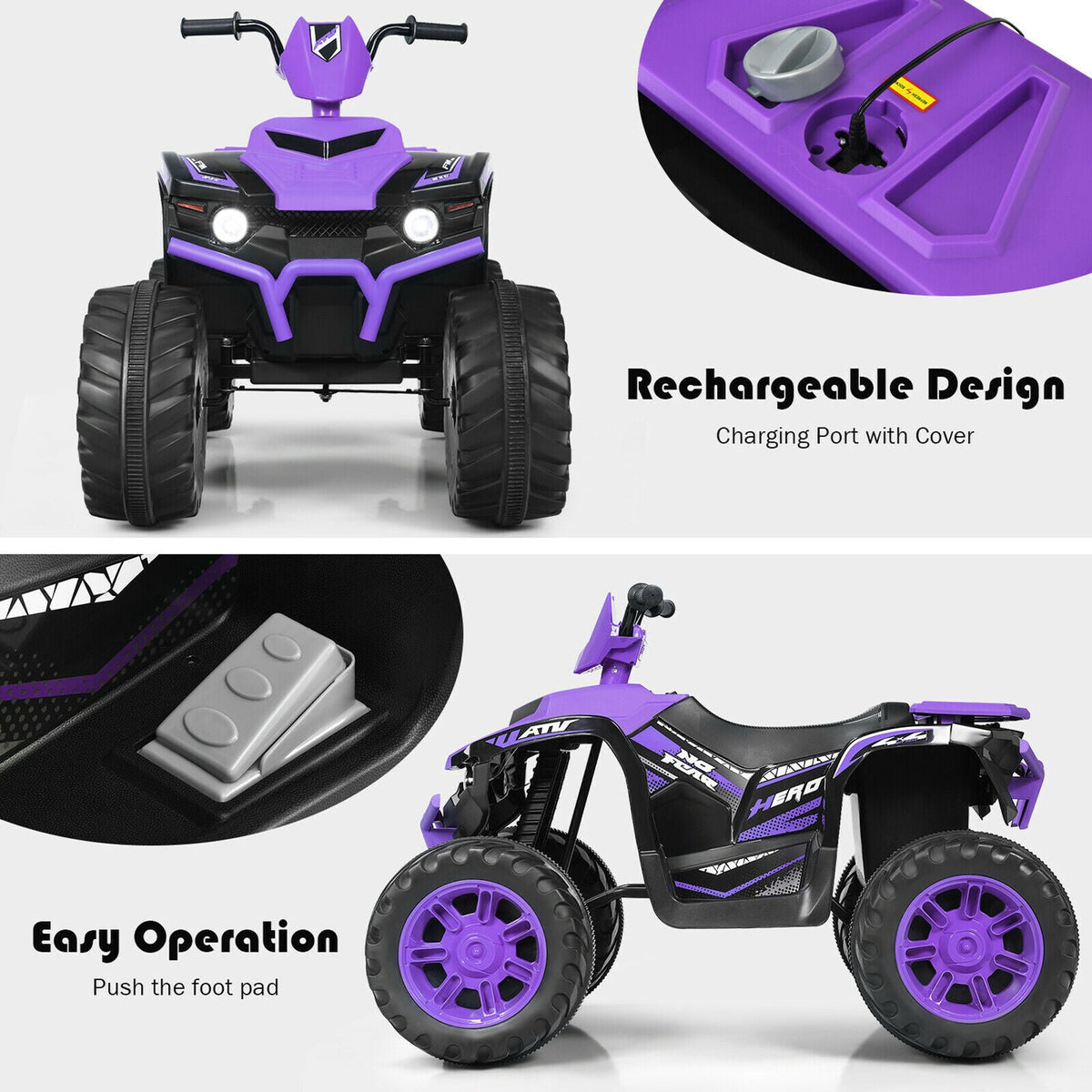 Electric Kids Ride On ATV 4-Wheeler Quad with Music and LED Light - Purple