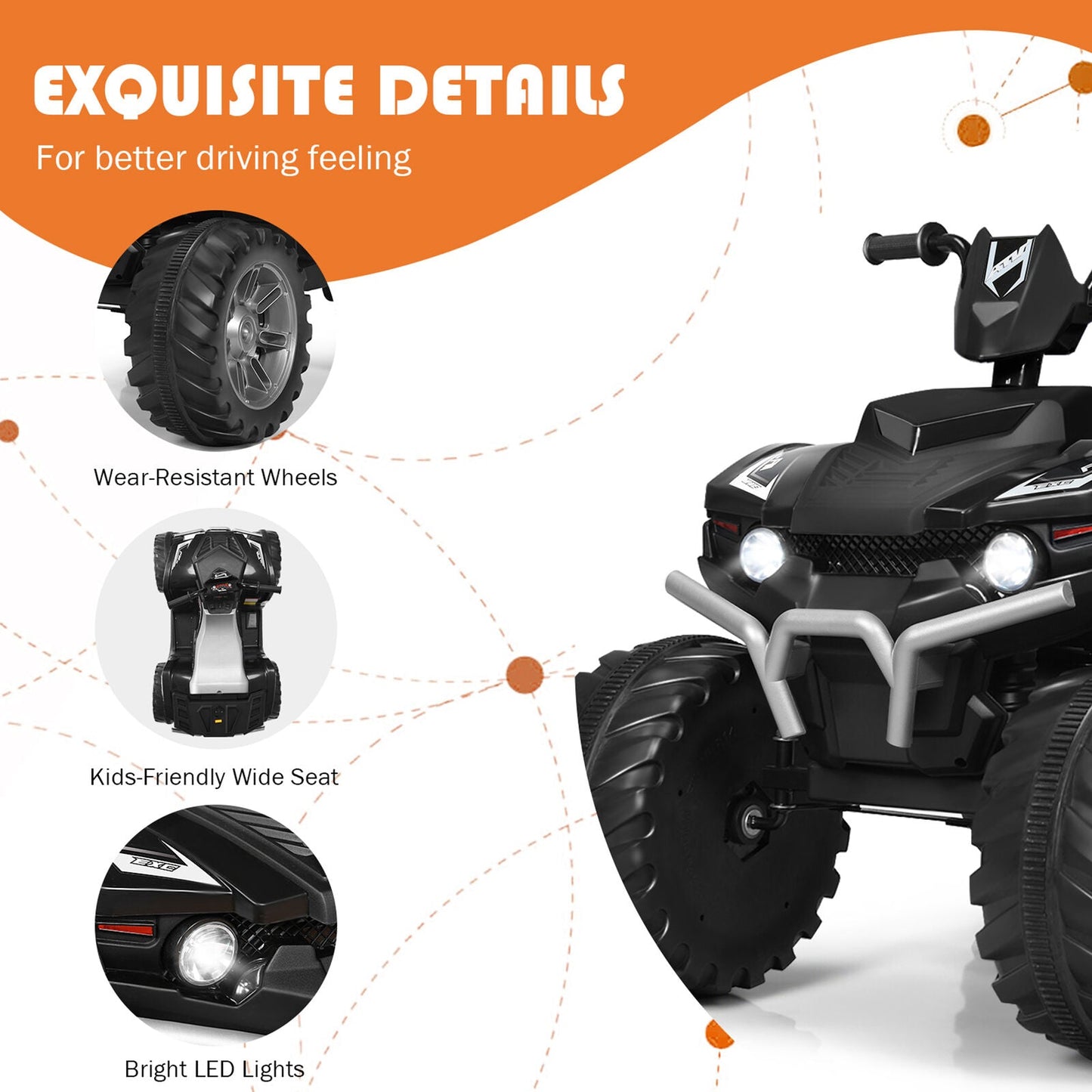 Electric Kids Ride On ATV 4-Wheeler Quad with Music and LED Lights - Black