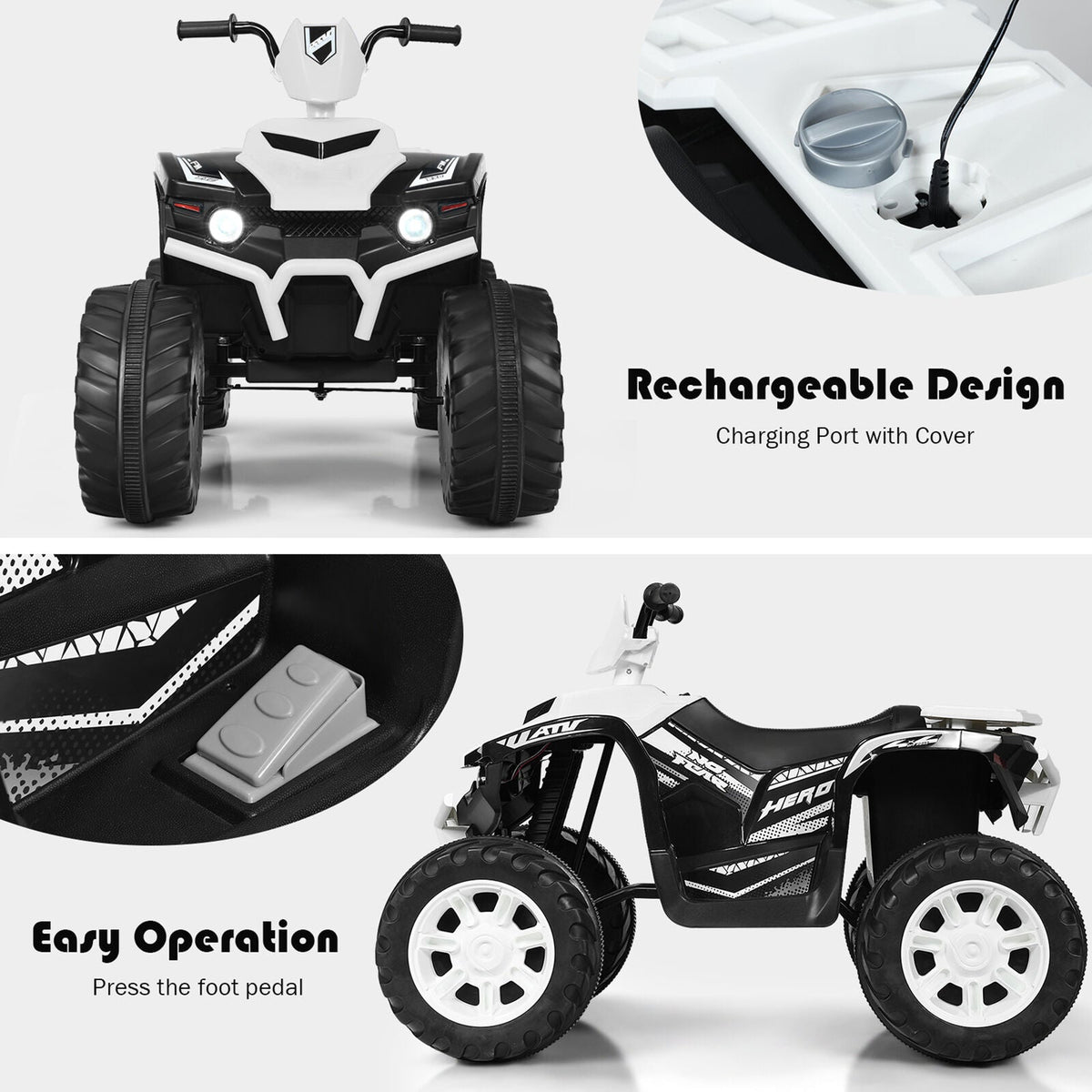 Electric Kids Ride On ATV 4-Wheeler Quad with Music and LED Lights - White
