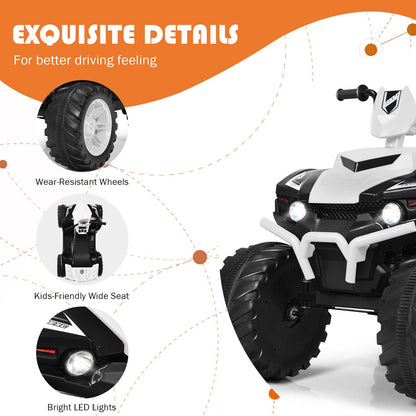 Electric Kids Ride On ATV 4-Wheeler Quad with Music and LED Lights - White