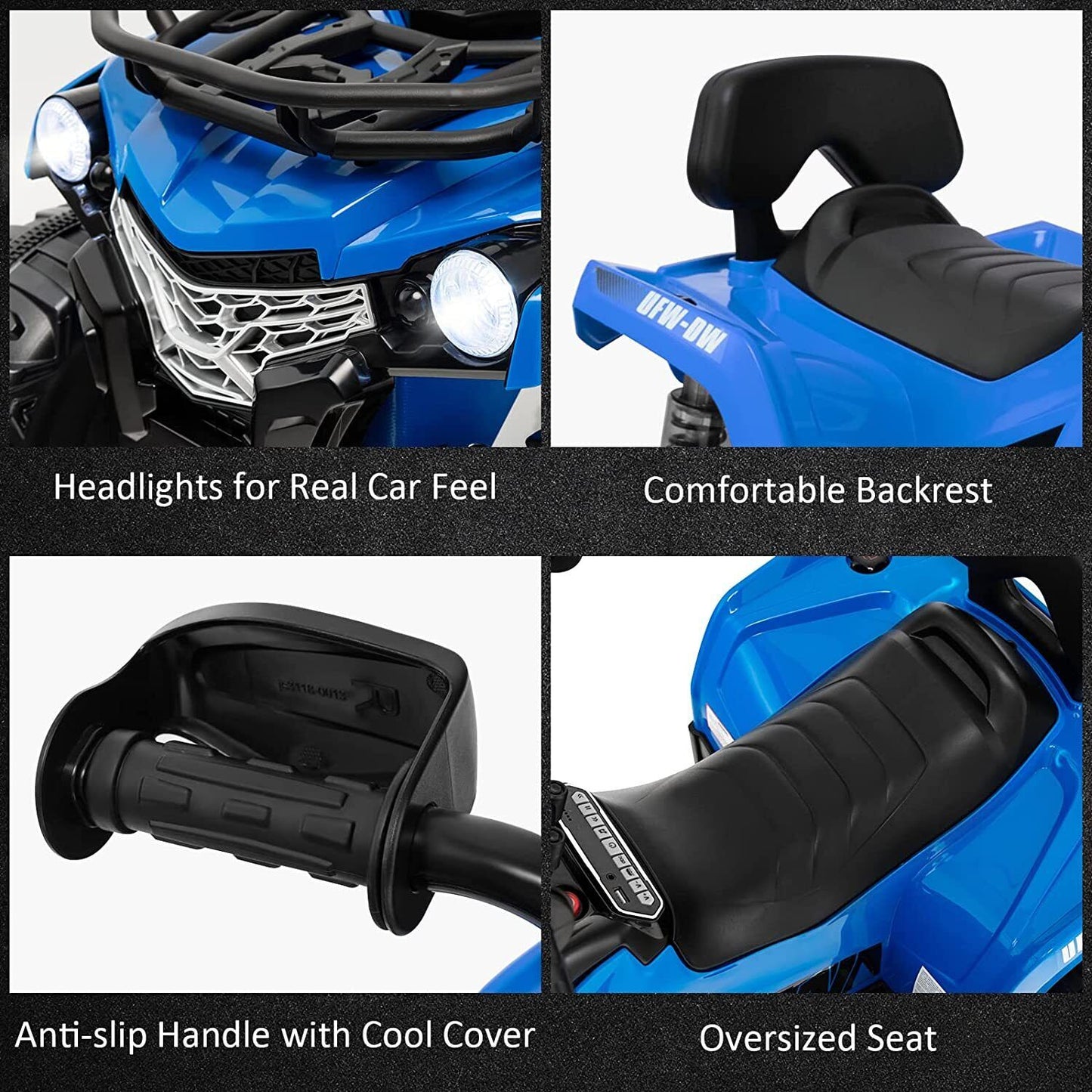 Electric Kids Ride On ATV 4-Wheeler Quad with Music, LED Lights, and USB - Blue