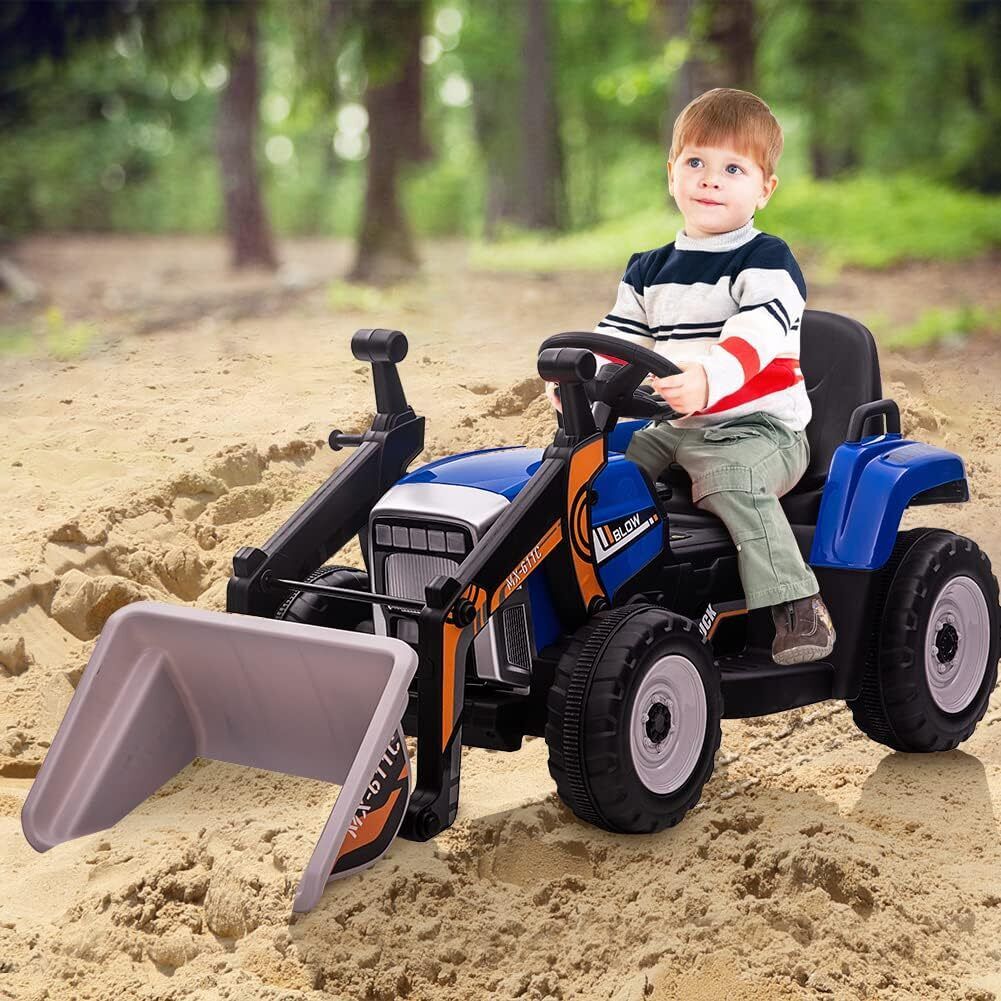 Electric Kids Ride-On Excavator Toy with Remote Control and Lights - Blue