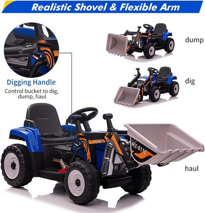 Electric Kids Ride-On Excavator Toy with Remote Control and Lights - Blue