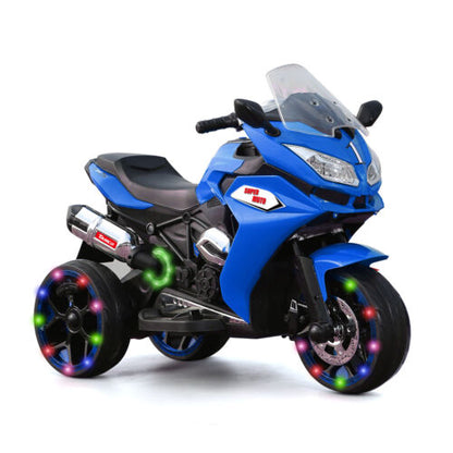 Electric Kids Ride-On Motorcycle with LED Wheels, Music, and Screen - Blue
