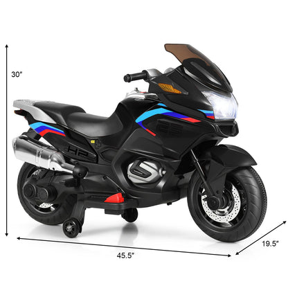 Electric Kids Ride-On Motorcycle with Training Wheels and Lights - Black