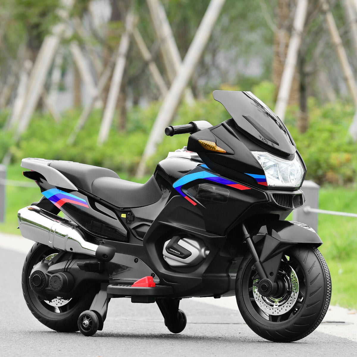Electric Kids Ride-On Motorcycle with Training Wheels and Lights - Black