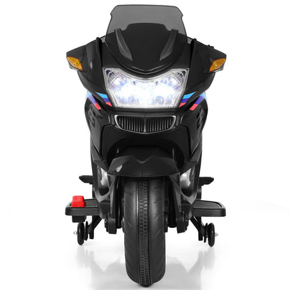 Electric Kids Ride-On Motorcycle with Training Wheels and Lights - Black