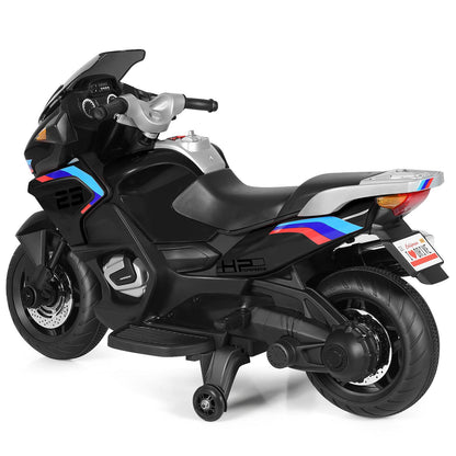 Electric Kids Ride-On Motorcycle with Training Wheels and Lights - Black