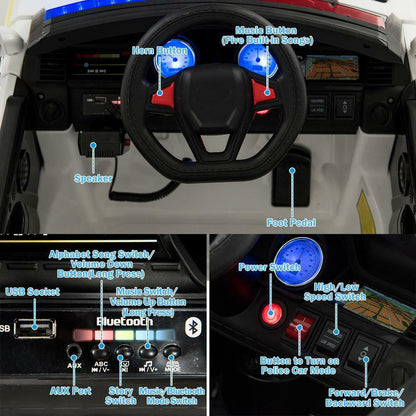 Electric Kids Ride-On Police Car with Remote Control, Music, and Headlights - MP3 Compatible