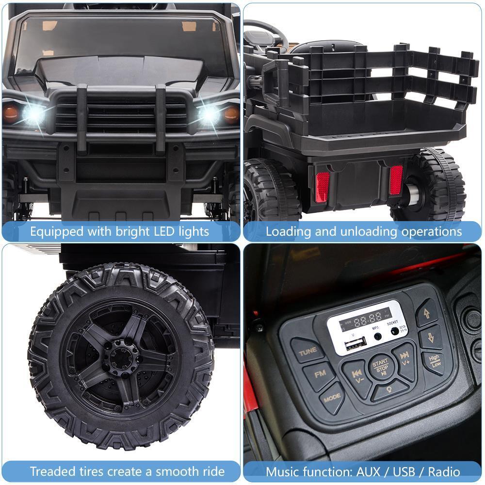 Electric Kids Ride On Tractor with Trailer and LED Lights - 12V Battery Powered in Black