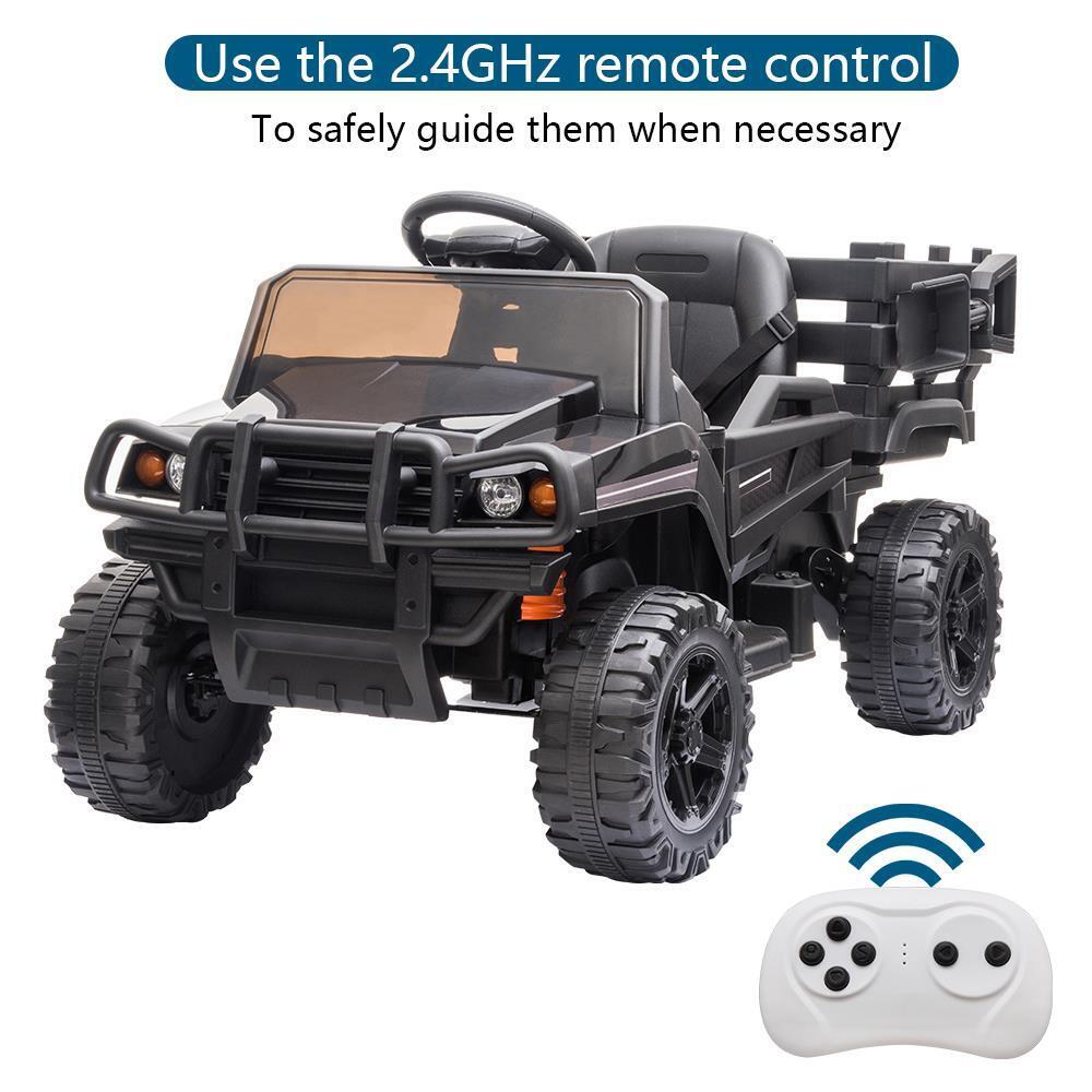 Electric Kids Ride On Tractor with Trailer and LED Lights - 12V Battery Powered in Black