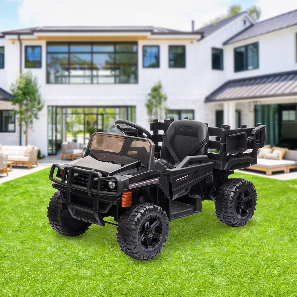 Electric Kids Ride On Tractor with Trailer and LED Lights - 12V Battery Powered in Black