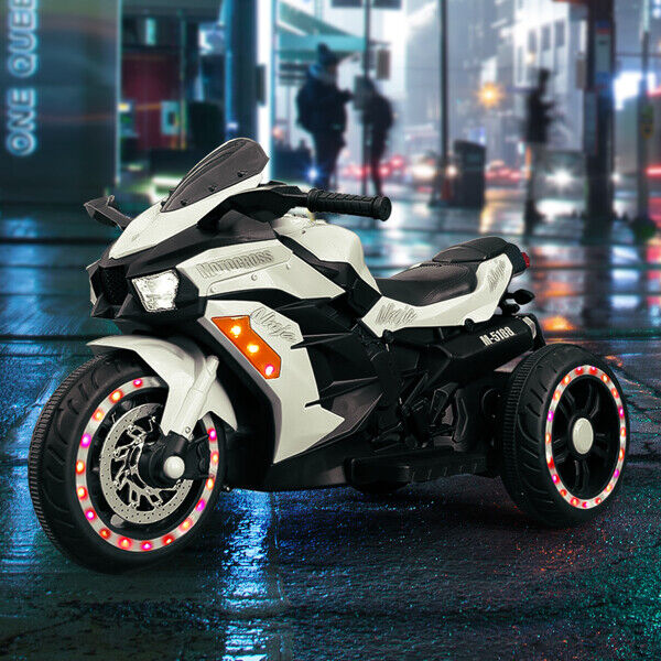 Electric Kids Touring Motorbike with LED Lights - 12V Battery Powered in White