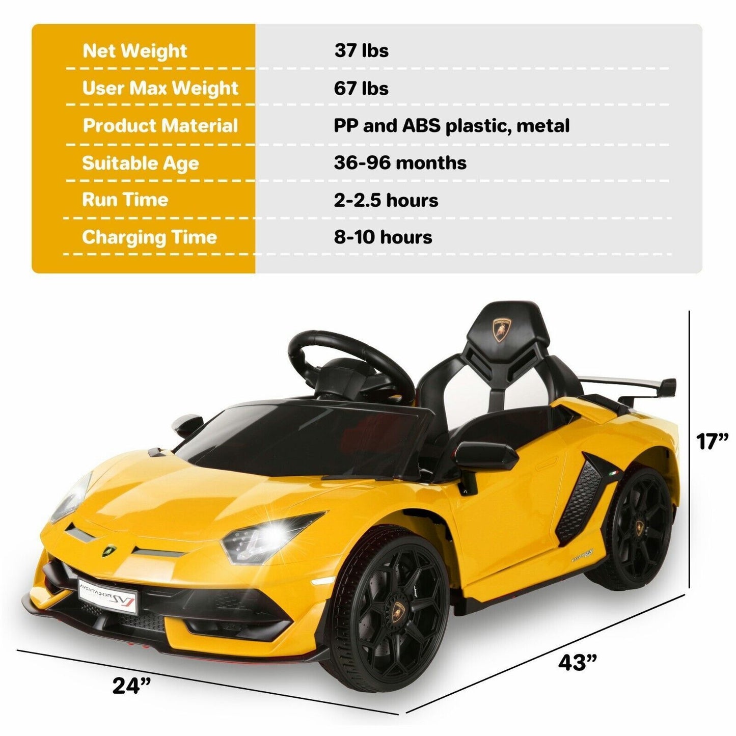 Electric Lamborghini Ride-On Car for Kids with Remote Control, MP3 and AUX - US Version