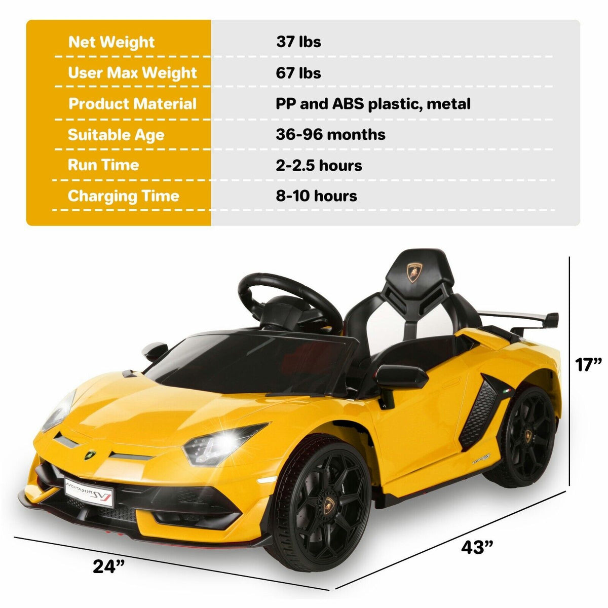 Electric Lamborghini Ride-On Car for Kids with Remote Control, MP3 Player, and 3-Speed Options